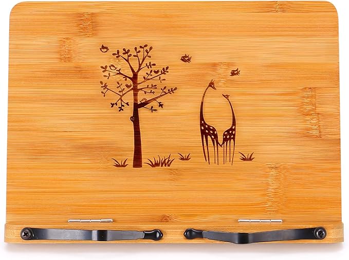 MEGREZ Bamboo Book Stand 11 x 8.0 inch, Foldable Cookbook Holder with 6 Adjustable Height, Reading Book Holder for Recipe, Music Book, Textbook, Tablet Stand, Tree and Giraffe