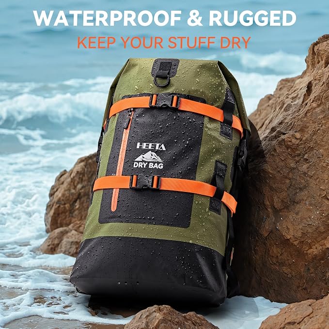 HEETA Dry Bags Waterproof Backpack 40L for Men & Women, Roll Top Heavy Duty | Cushioned Hiking Backpack, for Kayaking Boating Paddle Boarding Fishing Travel Camping Beach Vacation Cruise Ship Essentials
