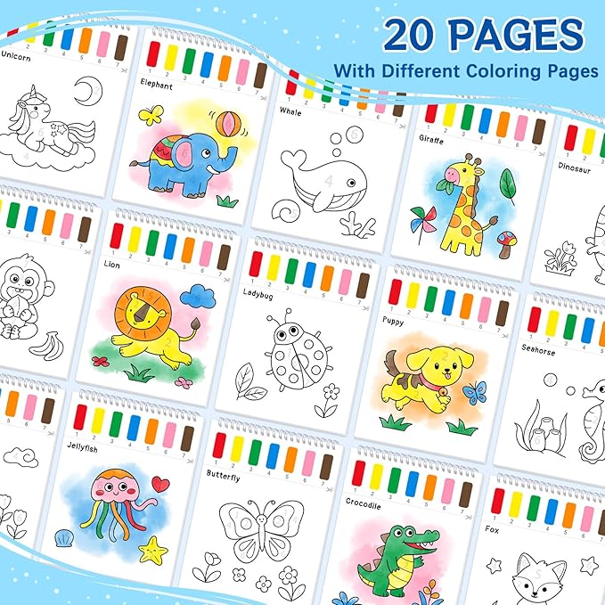 Paint with Water Coloring Books for Kids,Mess Free Watercolor Painting Papers Sets for Toddlers,Water Color Paint Kit,Art Craft Birthday Gift for Ages 1-3, 4-8(Animal)