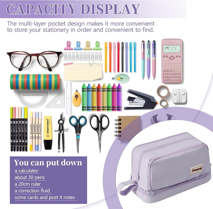 Zzrywuty Pencil Case Large 4 Compartments,Purple High Capacity Holder Box Multi-Slot Pencil Pouch Bag,Zipper Pencil Pouch for Aesthetic Pencil Bag For Middle School Office College Adult Girl and Boy