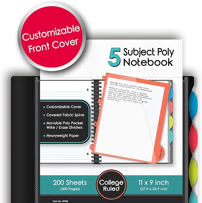 IQ+ iScholar 5-Subject Poly Cover Wirebound Notebook, College Ruled, 11 x 8.5 Inch Sheet Size, 200 Sheets, Orange (59906-OR)