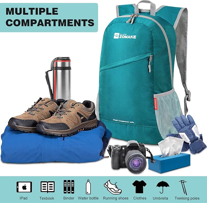 ZOMAKE Lightweight Packable Backpack 20L, Foldable Small Daypack for Hiking | Water Resistant Backpacks Day Bag for Travel Outdoor Camping Sport, Everyday Carry, Multi Compartment Storage(Lake Green)