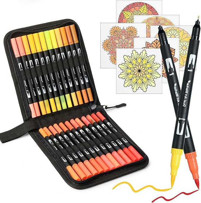 Orange&Yellow Dual Tip Brush Pen,Colored Fine & Brush Calligraphy Pens, Dual Tip Yellow Markers for Adult Coloring Books Drawing Planner Calendar Art Sketch Outlining Sketching Calligraphy