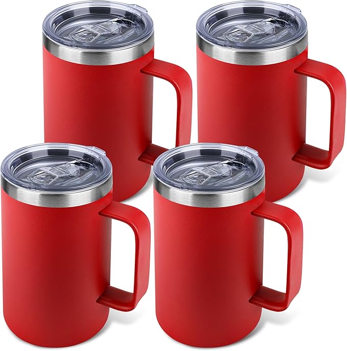 22oz Insulated Coffee Mug with Handle & Leak-Proof Lid - Double Wall Stainless Steel Travel Tumbler Bulk for Commute/Office/Home, Red, 4 Pack