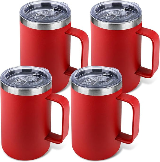 22oz Insulated Coffee Mug with Handle & Leak-Proof Lid - Double Wall Stainless Steel Travel Tumbler Bulk for Commute/Office/Home, Red, 4 Pack