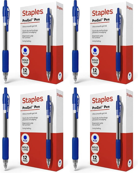 STAPLES Retractable Gel Pens, Bold Point 1.0mm, Blue Ink, 48 Pack – ProGel Smooth‑Flow Pens for Office & School Use