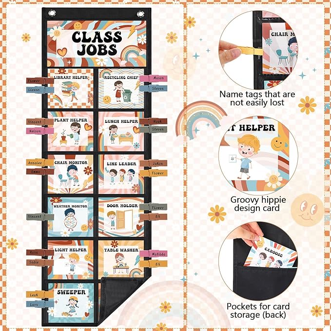 Pasimy Groovy Class Jobs Pocket Chart Class Helpers Pocket Chart Classroom Jobs Cards with Clips and Hooks Teacher Helper Bulletin Board Set for Back to School Classroom Teacher Supplies