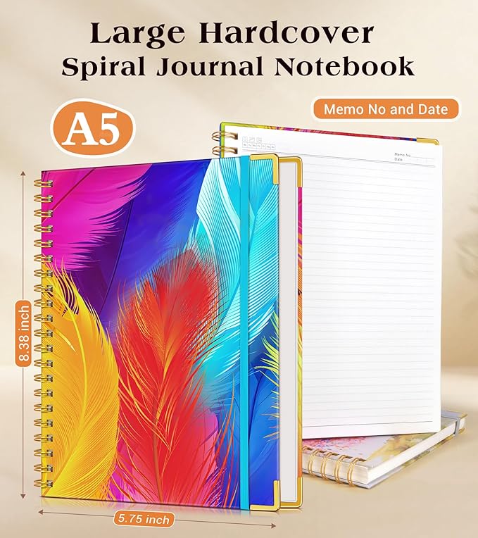 Lined Spiral Notebook Journal for Women, 150 Pages Cute Notebooks 5.75” x 8.38”, A5 Hardcover Spiral Journals with 100 GSM Thick Paper, College Ruled Notebook for Writing Work School, Colorful Feather