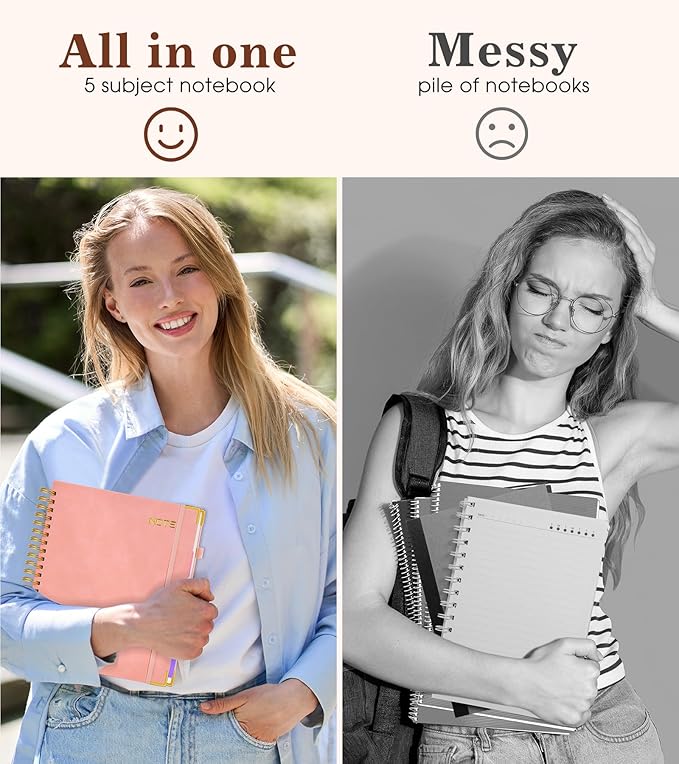 Hardcover Spiral Notebook with Removable Dividers Tabs, 300 pages Leather 5 Subject Notebook College Ruled, 6.2" x 8.2" Journal for Women Men, Small Notebooks for Work School Note taking,A5 Pink