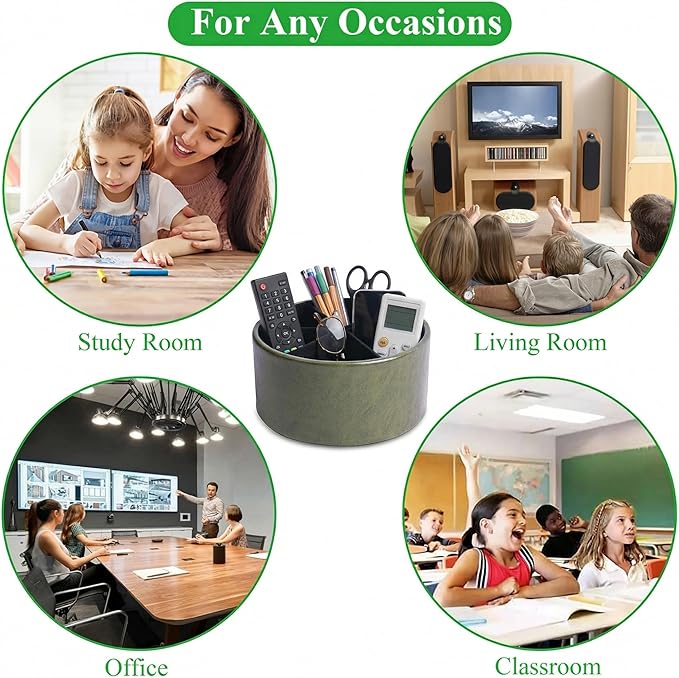Remote Control Holder, 360°Spinning PU Leather Desk TV Remote Caddy,Desk Storage Box Room Accessories for Controller, Media,Mail,Calculator, Mobile Phone,Pencil(1-Oil Green)