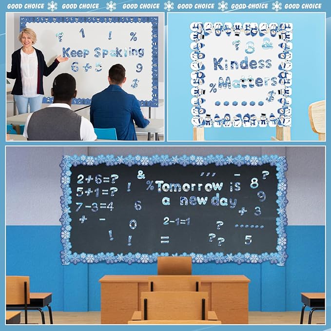 221 Pcs Winter Bulletin Board Letters Blue Round Alphabet Number Punctuation Symbol Combo Letter Cutouts Snowflake Classroom Decoration for Winter School Chalkboard Poster Board