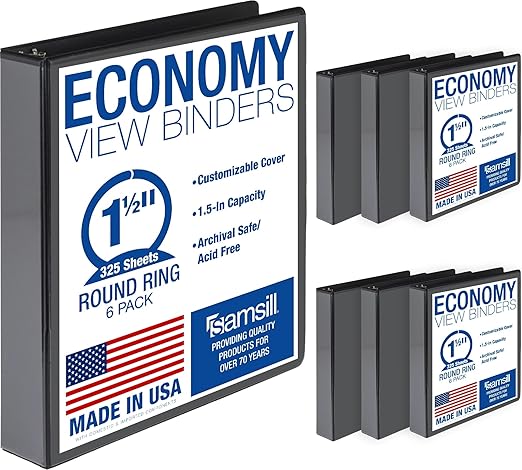 Samsill 1.5 Inch 3 Ring Binders, Economy Round Ring, Clear View Cover, 325 Sheet Capacity - for School, Home, Office - Black, 6 Pack