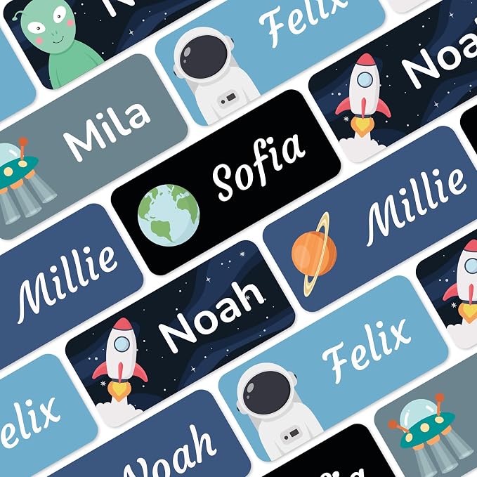 Personalized Name Labels for Kids (70), Custom Daycare Labels - Waterproof Name Stickers for Clothing, Bottles and Other School Supplies (1.2” x 0.5”) - Space