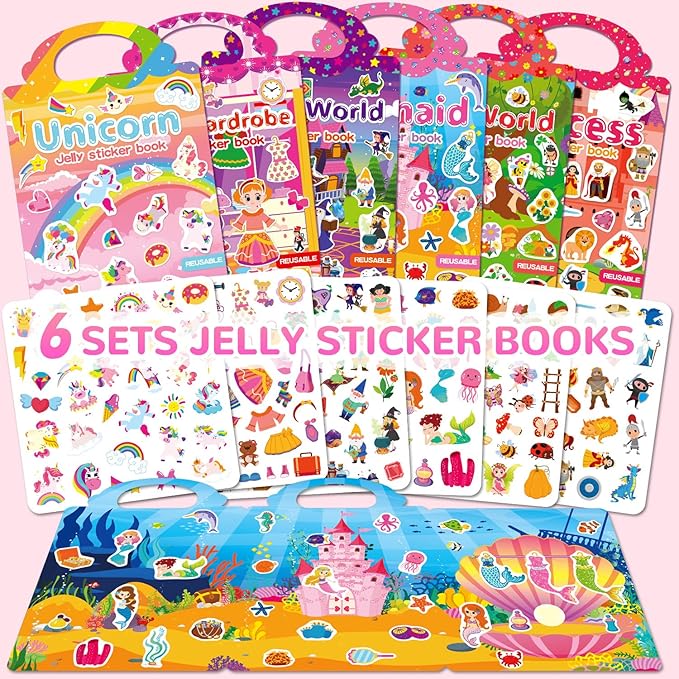 6 Sets Reusable Sticker Book for Girls 3-6, Jelly Sticker Books for Toddler, Travel Sticker Activity Toys for Kids 3 4 5 6 Years Old Girls (Girl Theme)