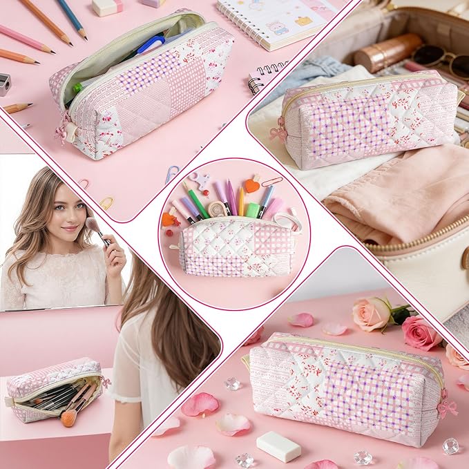 Cute Quilted Pencil Case for Girls Women, Aesthetic Small Floral Pencil Pouch,Slim Soft Pencil Bag for School Supplies Makeup Pouch for School & Daily Use (Pink Patchwork)