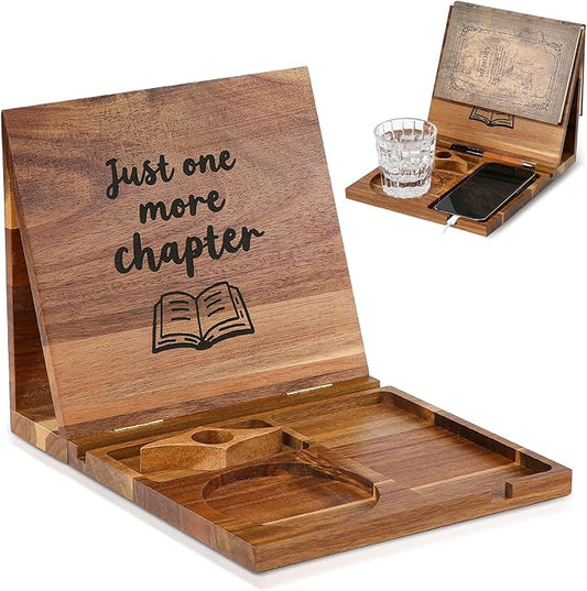 Book Holder Stand for Reading Rest, Wooden Foldable Book Rest with Book Page Holder, Cup, iPad & Phone Stand, Book Nook Reading Valet Desktop Triangle Bookstand Bookshelf for Readers Bookworms Gifts