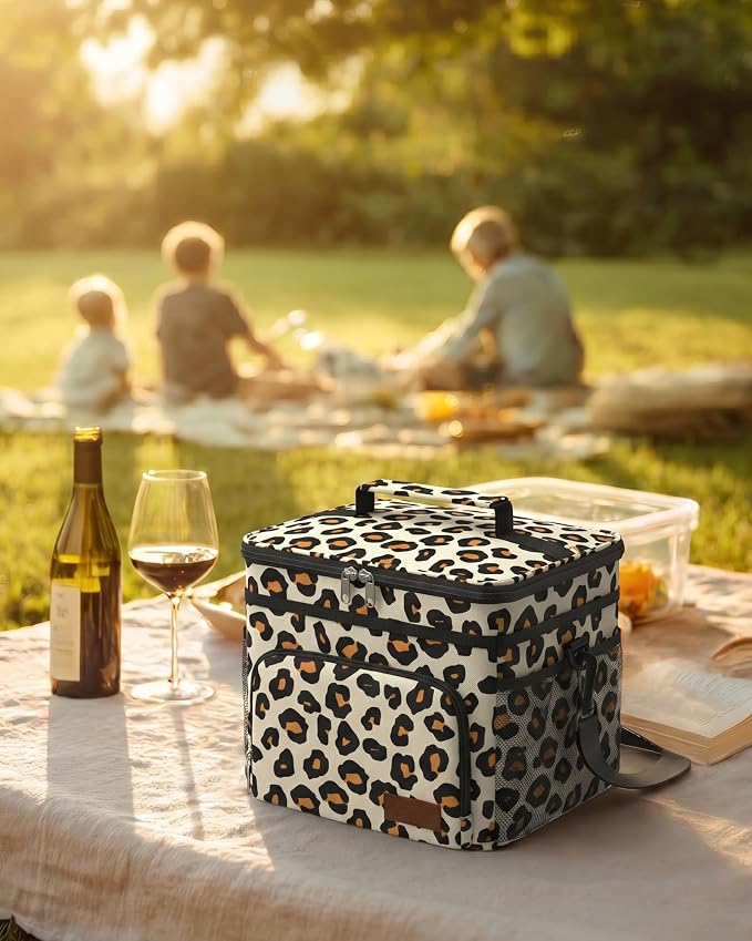 HOTOR Insulated Lunch Box Men Women Leak-Proof Cooler Lunch Bag 9L | 4 Pockets, Adjustable Strap, Ideal for Work, Picnic, Travel, Camping, Gift, Brown Leopard