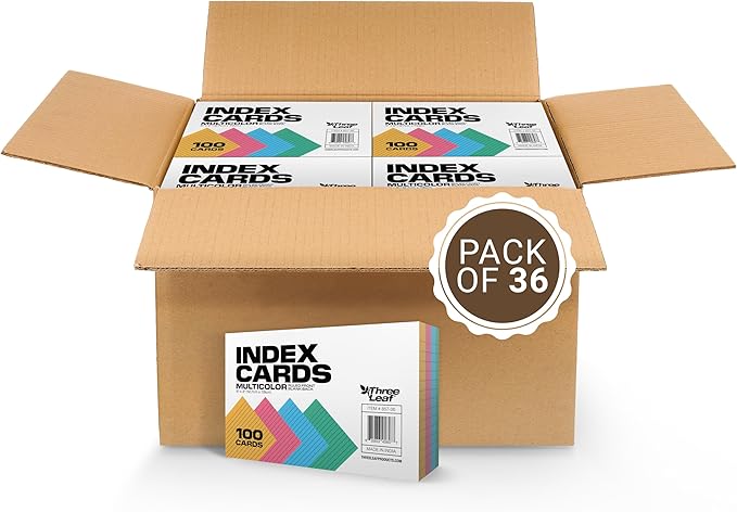 THREE LEAF 3 X 5, INDEX CARD RULED, 3600 CT. (100 x 36) COLORED, Ruled Flash Cards, Study Card, Memo Pad, For To-Do List, Art And Craft Projects