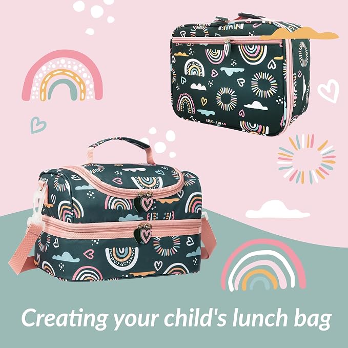 Insulated Kids Dual Compartment Lunch Bags Tote Pack for Girls Boys Toddler Kindergarten School Picnic Cooler Thermal Lunch Boxes with Strap (Green Rainbow)