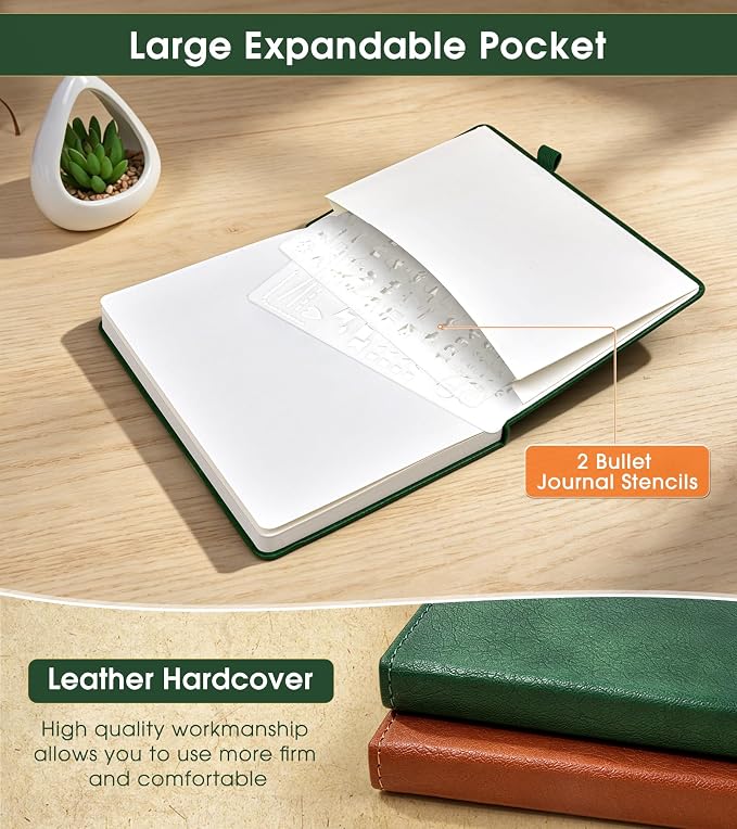 Dotted Journal Notebook, A5 Leather Hardcover, 160 Pages, 180° Lay-Flat Binding, 100 GSM Thick Paper, Dot Grid for Bullet Journaling, Planning & Daily Organization (Green)