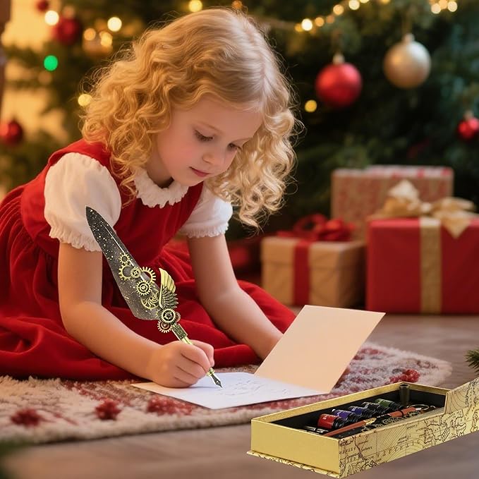 Feather Pen and Ink Set Calligraphy Kit for Beginners with Quill Pen, Antique Vintage Stationary Set for Writing, Signing & Hand Lettering Art (Grey Feather)