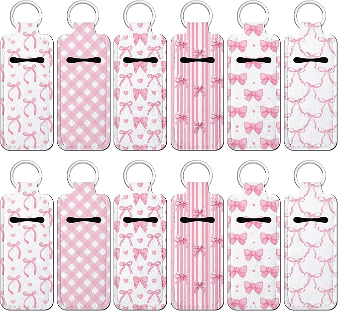 12 Pcs Pink Bow Lipstick Holder Keychain Bulk Cute Pocket Lip Balm Holder Keychain Backpack Purse Accessories for Women Lip Gloss Sleeve Pouch, 6 Style