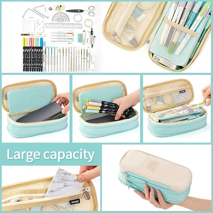 EASTHILL Big Capacity Pencil Pen Case Office College School Large Storage High Capacity Bag Pouch Holder Box Organizer Blue (Cyan)