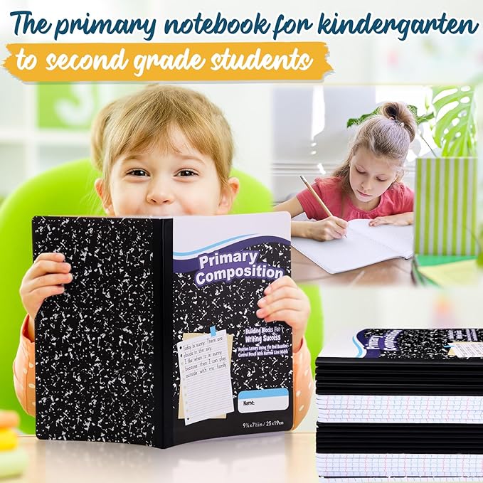 Watersay 200 Pack Primary Ruled Composition Notebook, Grade K-2 Journal 50 Sheets, 7-1/2" x 9-3/4" Primary Composition Book Writing Notebook for Kids Kindergarten Preschool 1st 2nd Grad (Black)