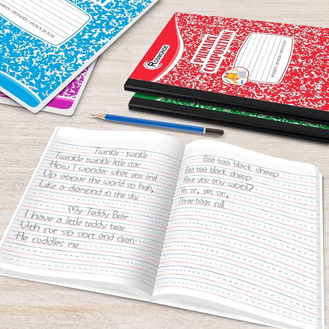 Rosmonde Composition Notebooks Primary Ruled 5 Pack, 200 Pages (100 Sheets), Color Marble Composition Notebook, Sewn Binding Hard Cover, Primary Composition Notebook, Writing Dotted Lined