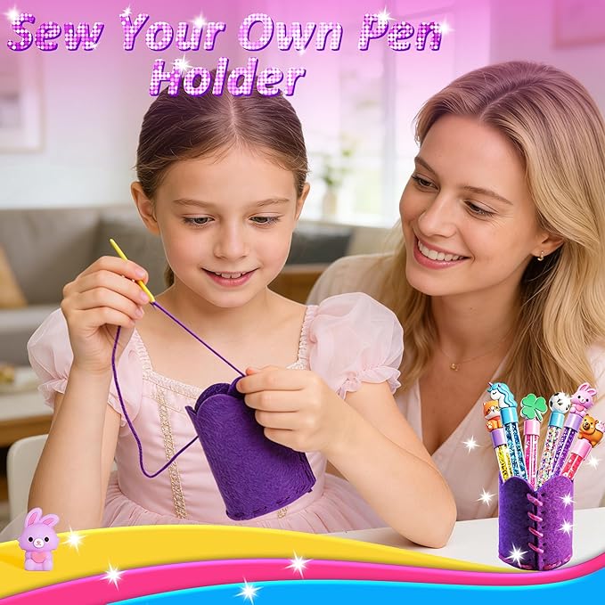 MOMUSE DIY Pen Making Kit, Fun Pen Creator Studio – Make 6 Sparkly Glitter Pens & Stitch Your Own Pen Holder, Creative Craft Toy Sewing Kits for Kids Girls Tweens 6 7 8 9 10 11 12 Birthday Gift