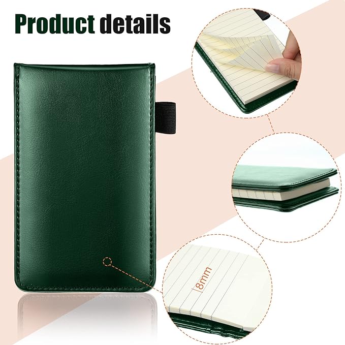 Outus 10 Pcs Mini Pocket Notepad Holder Set Included Small Leather Pocket Notebook Holder with 50 Lined Sheets, Metal Pen, 8 Pcs 3 x 5 Inch Memo Book Refills, 30 Lined Paper Per Note Pad (Green)