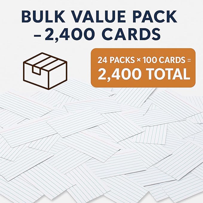 Index Cards 3x5 Inch Heavy Weight Lined Flash Index Card Wide Ruled Study Cards Blank Back Bulk Pack of 2400 Notecards (24pk of 100) for Studying School Home Office Made in USA