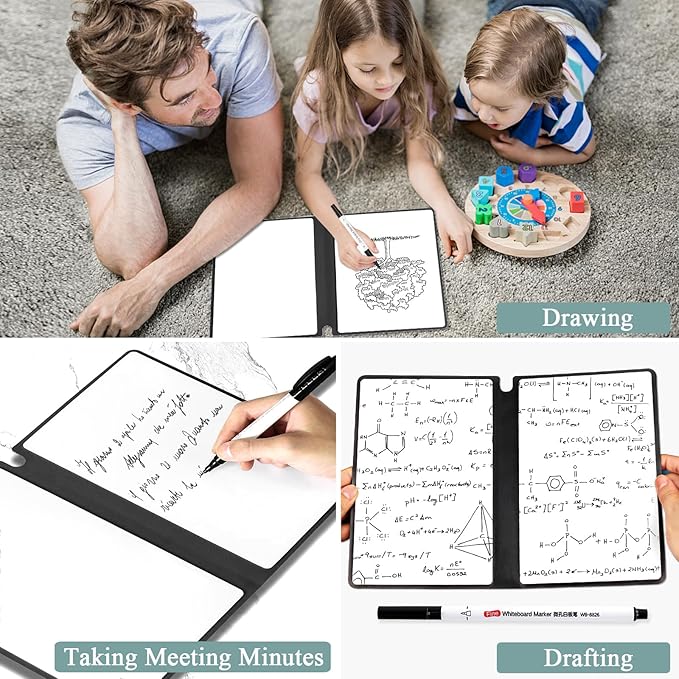 SAYEEC Whiteboard Notebook, Portable Dry Erase Board with 3 Colors Fineliner Pens, Black PU Cover Erasable Handheld White Board Reusable Drawing Notebook Easel Pad for Meeting Business Office School