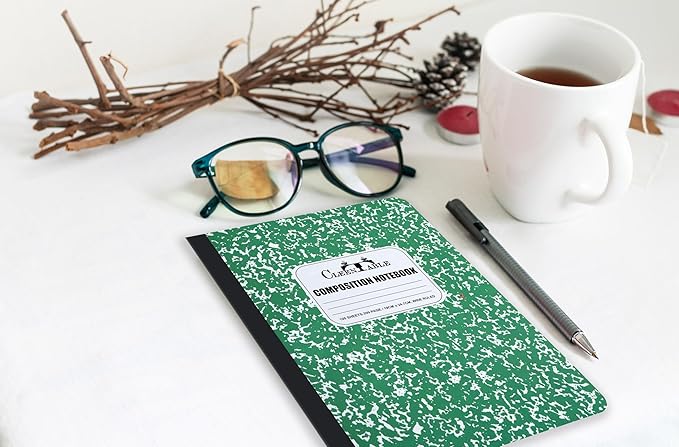 CLEENTABLE Composition Notebook 8 Pack, Wide Ruled Paper, Marble Cover Notebooks for School, 9.75 x 7.5 Inches, 100 Sheets (200 Pages), Sewn Binding Comp Books, Green