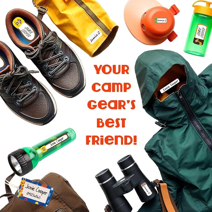 Camp Essentials Label Pack - 252 Waterproof Name Labels for Kids, Name Stickers, Bag Tags & Clothing Labels for Kids Camp, Iron on Tags for Clothing & No Iron Washable Fabric Sticker for Clothes