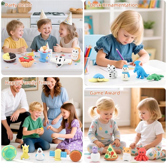 URSKYTOUS 120Pcs Animal Erasers Bulk Cute Food Erasers Desk Pets Kids Puzzle Eraser Take Apart Cool 3D Eraser Mini Fun Party Favors for School Supplies Classroom Rewards Easter Egg Fillers Gifts
