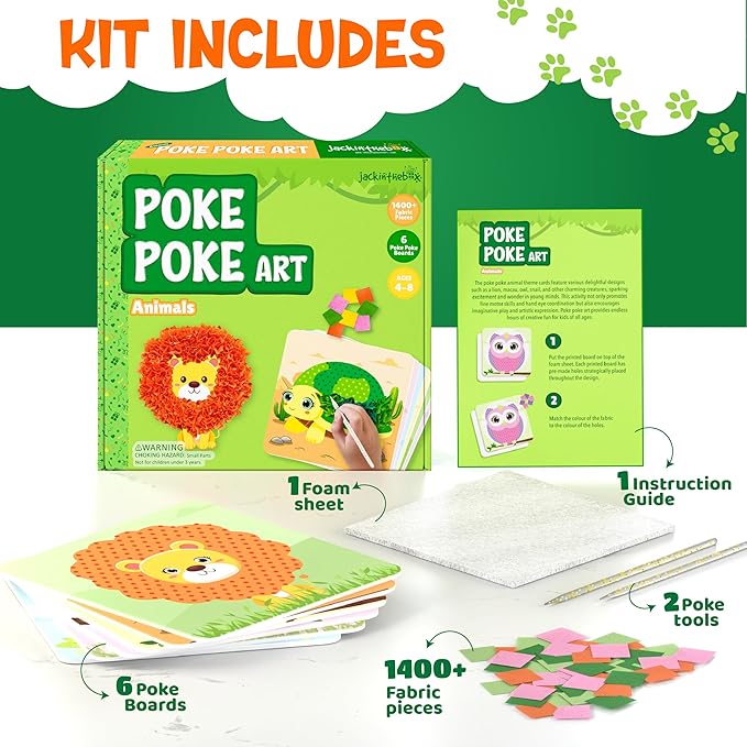jackinthebox Poke Poke Art – Animals Theme, Mess-Free Fabric Art and Craft, Flower Pressing Kits, Gift for Kids, Gift for Girls and Boys Ages 4 5 6 7 8