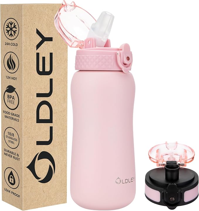 Oldley Insulated Water Bottle 12oz Water Bottles with Straw, Stainless Steel Water Bottle with 2 Lids, Double Wall Vacuum Bottels for Adults Kids, Leak-Proof Sport Bottles for School Travel, Pink