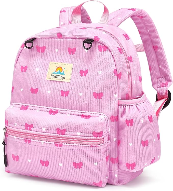 STEAMEDBUN Corduroy Toddler Backpack for Girls 2-4: Kids backpack for Boys Girls - 12 inch Preschool Kindergarten Backpacks - Pink Bow