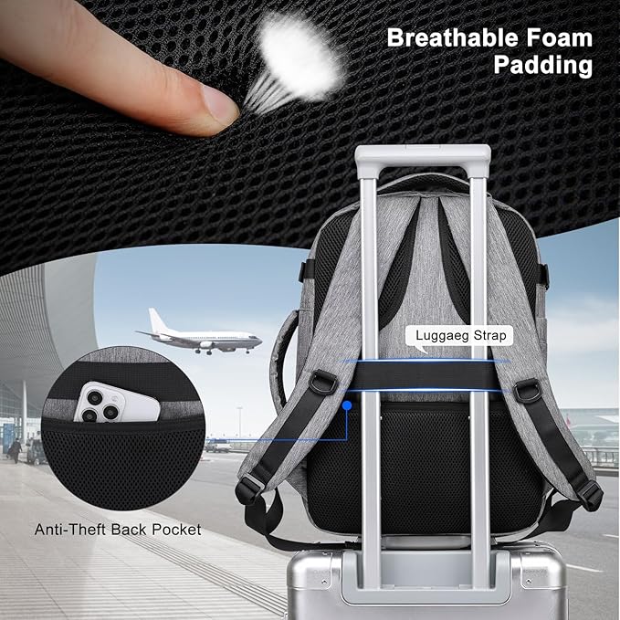 Asenlin Travel Backpack for Women Men,Flight Approved Carry On Luggage 40L Water Resistant Business Laptop Backpacks Fits TSA 17.3 Inch Computer College Weekender Outdoor Hiking-Grey