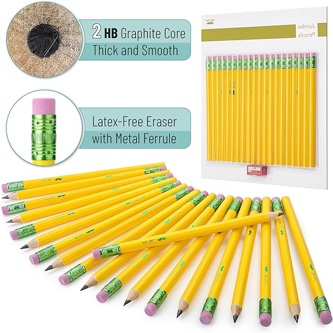 Mr. Pen- Jumbo Pencils, 20 Pack with 1 Sharpener, Yellow Barrels, Smooth Black 2 HB Graphite Cores, Large Preschool Pencils, Smooth Writing Lead for Kindergarten, Kids and School Supplies