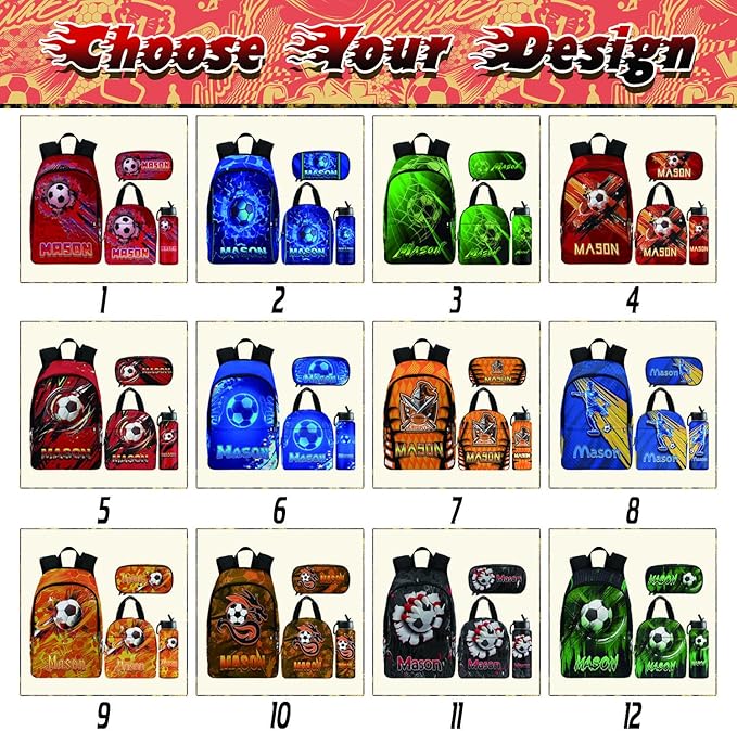 M YESCUSTOM Personalize Boys Backpack with Lunch Box, Red Football Soccer Custom Toddler Sports Backpack with Name Elementary School Kindergarten Travel Bookbag