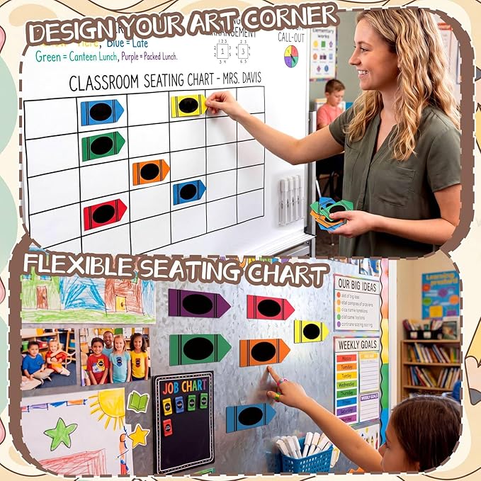 Crtiin 42 Pcs Crayon Desk Name Tags Rainbow Crayon Magnet Name Tags with Pens Back to School Plate Dry Erase Magnetic Student Locker for Bulletin Board Teacher Supplies (5.2 Inch*2.5 Inch)