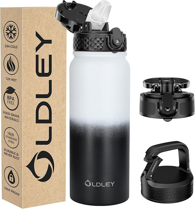 Oldley Insulated Water Bottle 20oz Water Bottles with Straw, Stainless Steel Water Bottle with 3 Lids, Double Wall Vacuum Thermo for Adults Kids,Leak-Proof Sport Bottles for School Travel, White Black