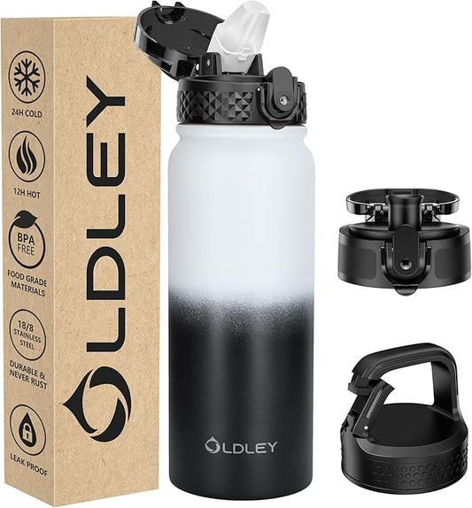 Oldley Insulated Water Bottle 20oz Water Bottles with Straw, Stainless Steel Water Bottle with 3 Lids, Double Wall Vacuum Thermo for Adults Kids,Leak-Proof Sport Bottles for School Travel, White Black