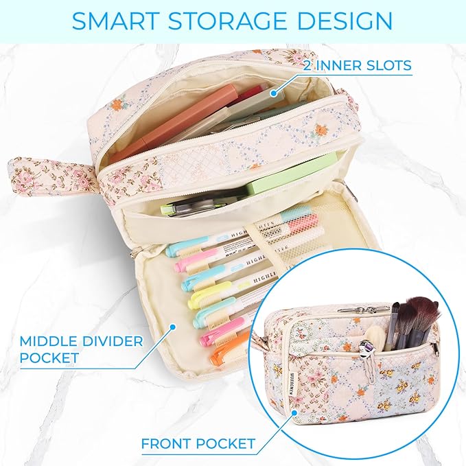 WOBAGMEN Quilted Pencil Pouch for Girls Women, Large Pencil Case Pouch with Compartments Cute Aesthetic Pencil Case Organizer, Floral Pencil Bag for School Supplies (coloful blue)