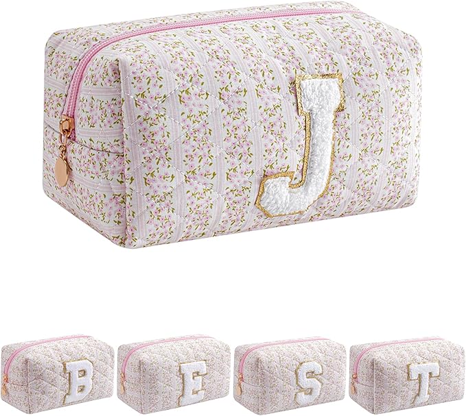 JOVAKIT Alphabet Makeup Bag Cosmetic Bag for Women, Christmas Gifts for Girls Age 6-18, Floral Flowers Coquette Travel Toiletry Zipper Make Up Pouch Organizer Trendy Stuff (Pink Floral J)