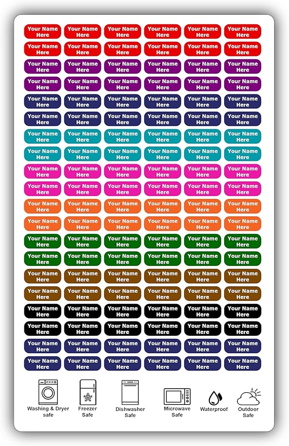 120 Small Personalized Waterproof Name Labels. Press and Stick Multi use Custom Mini Name Labels. Customized 2 Lines of Text and Color. Tiny Name Stickers with Permanent Self Adhesive.