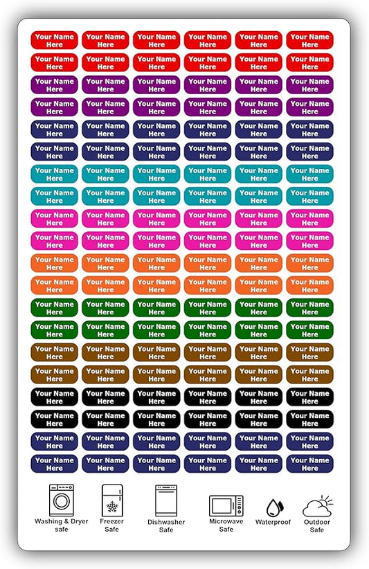 120 Small Personalized Waterproof Name Labels. Press and Stick Multi use Custom Mini Name Labels. Customized 2 Lines of Text and Color. Tiny Name Stickers with Permanent Self Adhesive.