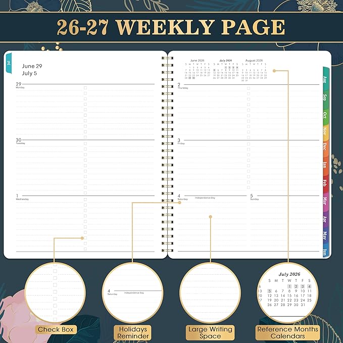Planner 2026-2027 - Academic Planner 2026-2027, July 2026 - June 2027, Weekly & Monthly Planner, 8'' x 10", Calendar Planner, Colorful Monthly Tabs, Twin-wire Binding, Back Pocket, Holidays